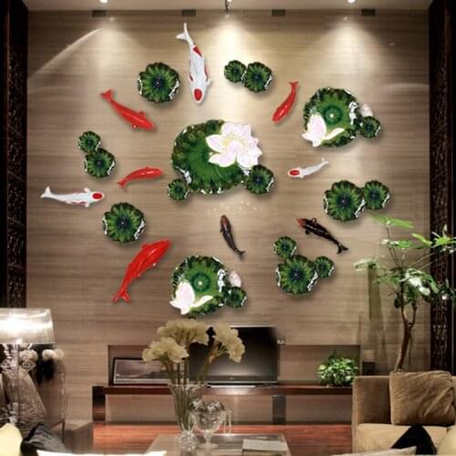 Chinese Style Resin 3D Lotus Leaf Fish Wall Hanging Ornaments Hotel Home Wall Mural Decoration Wall Sticker Ornament Art Crafts