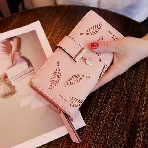 Girl PU Leather Clutch Card Holder Women Wallet Long Zipper Buckle Wallet Hollow Leaf Wallet Card Holder Ladies Card Holder