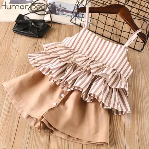 Humor Bear Girls Clothing Sets 2021New Summer Kids Clothes Striped Suspender Skirt + Culottes 2PCS Suit Children Clothes