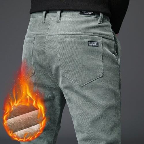 2020 Winter New Mens Warm Casual Pants Business Fashion Slim Fit Stretch Thicken Trousers Male Gray Green Coffee Pants,812A
