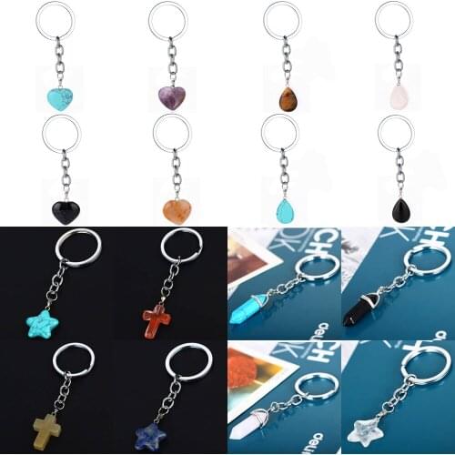 Natural Stone Water Drop Bullet Star Cross Heart Shape Charm Pendant Keychain Crystal Stone Women Men Key Ring Gifts Family Hot