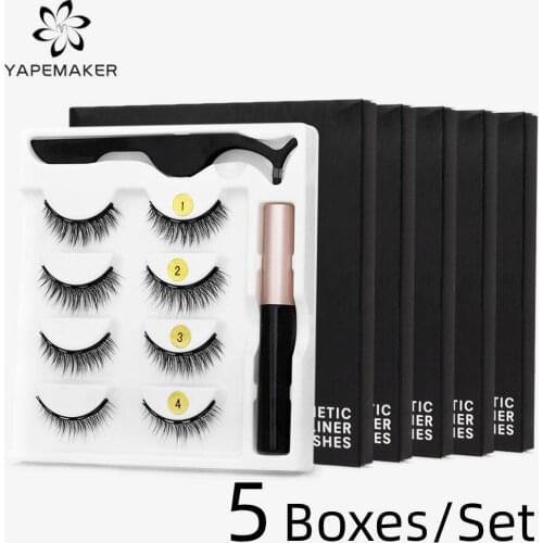 Wholesale 5 Boxes/Set Magnetic Eyelashes 3D Natural False Lashes Magnetic Eyeliner&TweezersSet Reusable Fake Lashes Makeup Tools