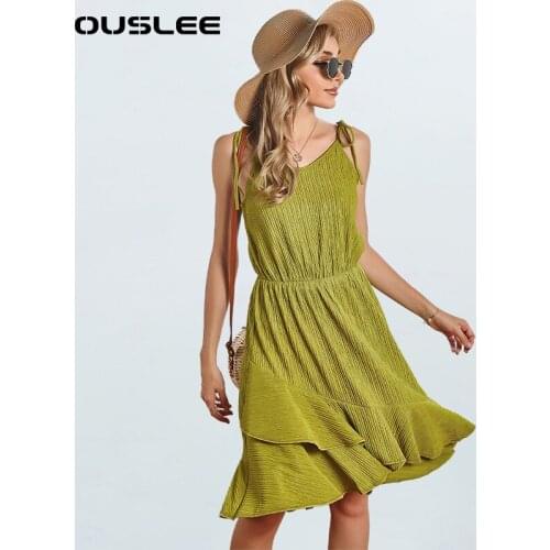 OUSLEE 2021 Summer Sleeveless Boho Dress Women High Waist V Neck Sundress Female Casual Ruffled Cotton Chics Dresses Plus Size