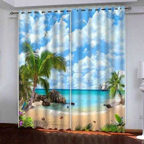 Customized size Luxury Blackout Curtains For Living Room Bedroom Beautiful beach scenery curtains Decoration 3D Window curtain