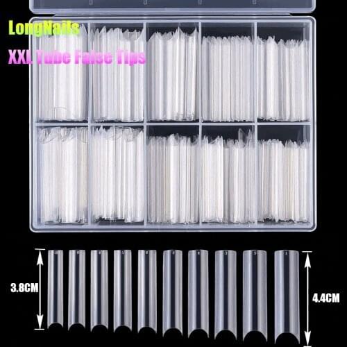 XXL Tube Nail False Tips #0-9 Lengthened "C Curve" French Pieces 200pcs Clear,Natural Manicure Half Pipe Fake NailTips 3.8-4.4CM