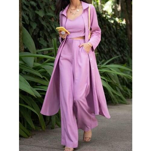 Autumn womens Windbreaker Coat Wide Leg Pants Three Piece Temperament Commuting Polyester 2021 Comfortable New Solid Color Suit