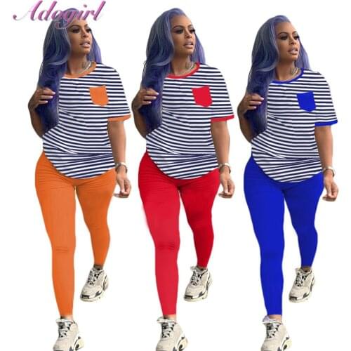 Women Tracksuit Casual Stripe Short Sleeve Crop Tops T-Shirt Sweatpants Suit Joggers Two Piece Sets Outfit Fitness Matching Set
