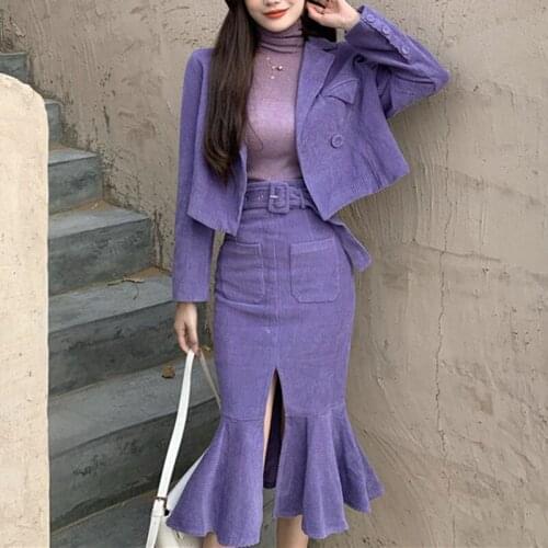 VSUE Women Loose Corduroy Set Fishtail Two-Piece Suit Ladies Corduroy Blazer & Split Ruffle Skirt 2pcs Set T3019