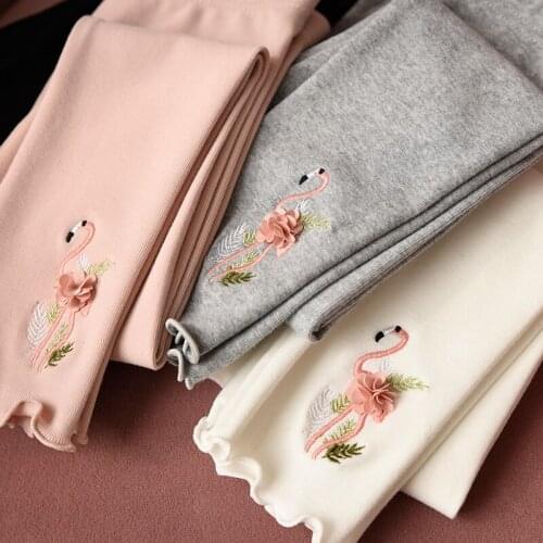2021 Autumn Leggings Baby Cotton Pantyhose Kids Girls Flamingo Embroidery Applique Stockings Solid Leggings Girls 2-7 Years