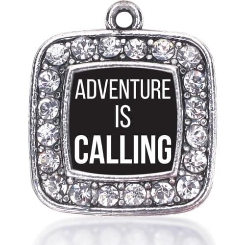 ADVENTURE IS CALLING SQUARE CHARM ANTIQUE SILVER PLATED CRYSTAL JEWELRY