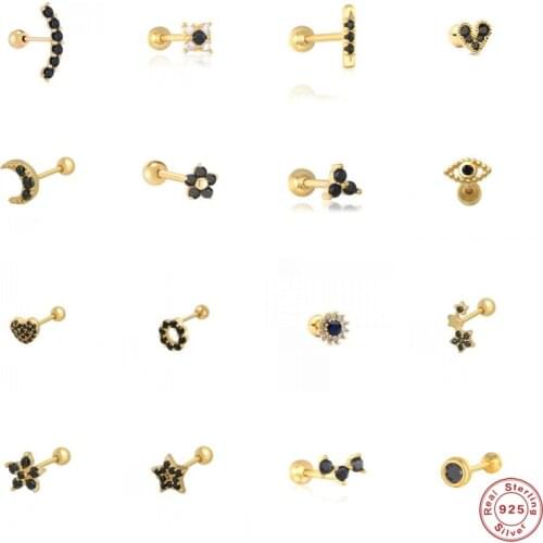 Aide 925 Sterling Silver Black CZ Crystal Series Stud Earrings For Women Star Moon Heart Flower Shape Ear Studs Party Jewelry