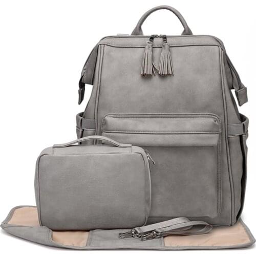 Brand High Grade Diaper Leather Backpack Nappies Maternity Mother Bag For Babies Large Capacity Fashion Stroller Mother Bag Gray