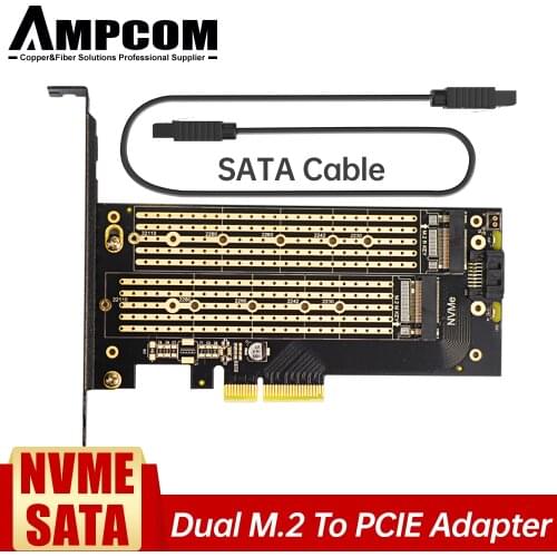 AMPCOM Dual M.2 PCIE 4.0 Adapter Card for NVMe / SATA SSD, NVME (m Key) and SATA (b Key) 22110/80/60/42/30 SSD to PCIe x4 Slot