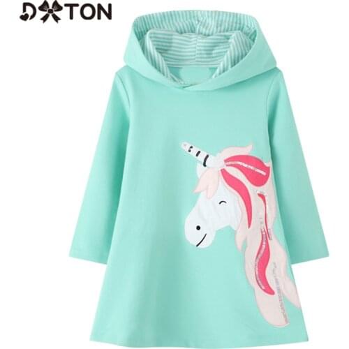 DXTON Hooded Dresses For Girls Unicorn Girls Dress Winter Children Hoodied Dress Long Sleeve Toddler Cotton Casual Wear Clothing