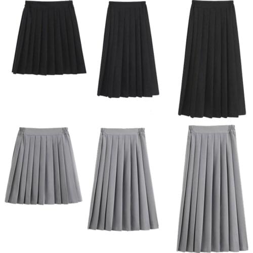 Elastic Waist Japanese Student Girls School Uniform Solid Color Pleated Skirt Short/Middle/Long High School Dress