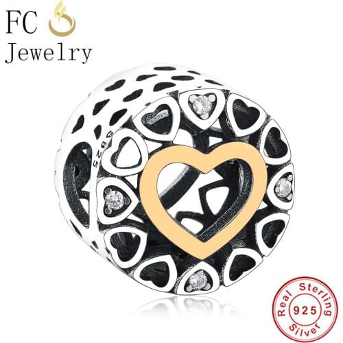 FC Jewelry Fit Original Brand Charms Bracelet 925 Sterling Silver Openwork Gold Color Love Heart Beads Women Making Berloque