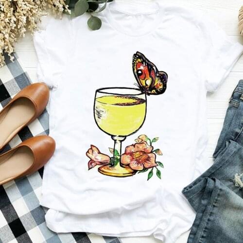 Flower Wine Glass Butterfly Printed O-neck Short Sleeve Tshirts Women Casual Harajuku Fashion T-shirt Summer Home New Tee Shirt