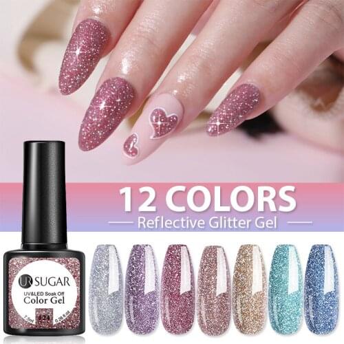 UR SUGAR Pink Silver Reflective Glitter Gel Shining Effect Hybrid Nail Gel Soak Off UV LED Semi-Permanant Varnish Base Top Coat