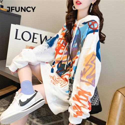 JFUNCY Graffiti Graphic Women Hooded Hoodies 2021 Fall Oversized Sweatshirt Woman Winter Clothes Fashion Harajuku Streetwear