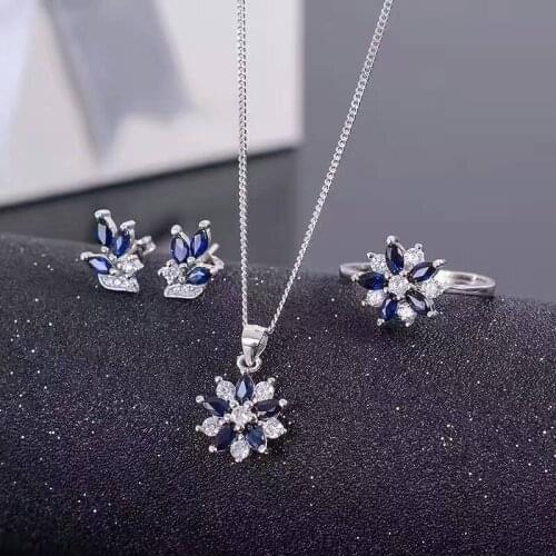 Natural blue sapphire gem ring earrings Pendant Natural Gemstone Jewelry Set 925 Silver Fashion Flowers Women party jewelry