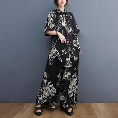 2 Piece Set Suit Oversize Elegant Shirt Wide Leg Pants+Loose Black Printed Floral Blouse Summer Chiffon Suit Plus Size 5xl 100kg