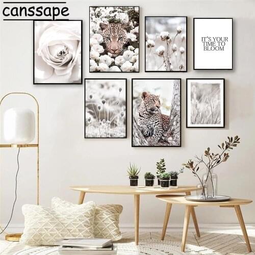 Leopard Art Poster Flowers Canvas Painting Hay Plant Wall Art Prints Dead Grass Paintings Modern Wall Picture Home Decoration