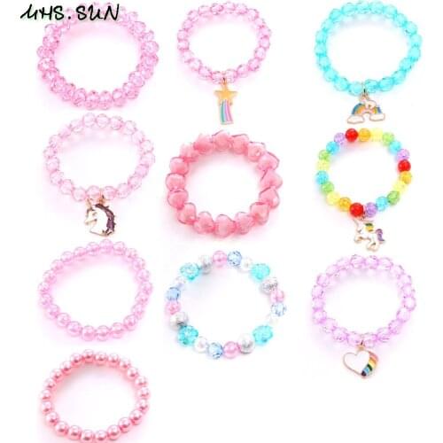 MHS.SUN 10pcs cute baby charms bracelet with unicorn/heart pendants fashion elastic diy beaded bracelets for girls kids party