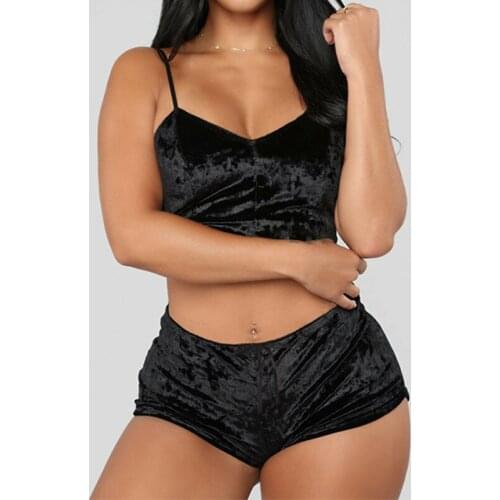 US Fashion Women 2pcs Velvet Sleepwear Sexy Spaghetti Strap Velvet Shorts Pajama Set Ladies female Pajamas Party Sets 2020