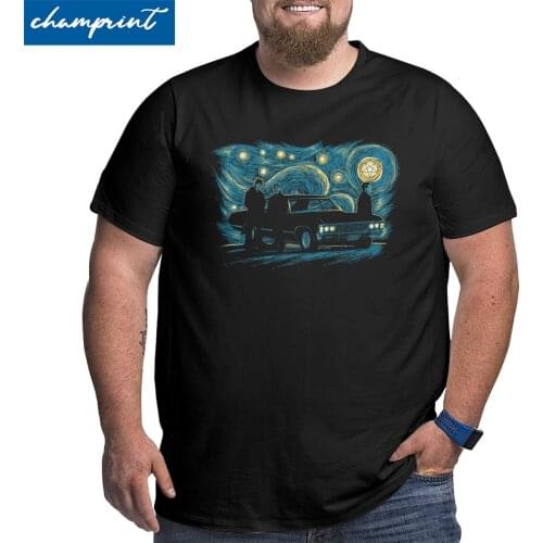 Supernatural Night T-Shirt Men The Starry Night Van Gogh T Shirts Dean Sam Winchester Castiel Big Tall Tee Large 5XL 6XL Clothes
