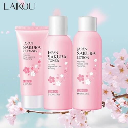 3Pcs Sakura Skin Care Set Hyaluronic Acid Moisturizing Toner Oil-Control Cleanser Nourishing Lotion Smooth Whitening Face Care