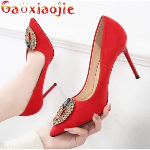 Gaoxiaojie 2021 New Luxury Crystal Women Pumps High-Quality Flock Bride High Heels Sexy Party Pointed Diamond Buckle Work Shoes