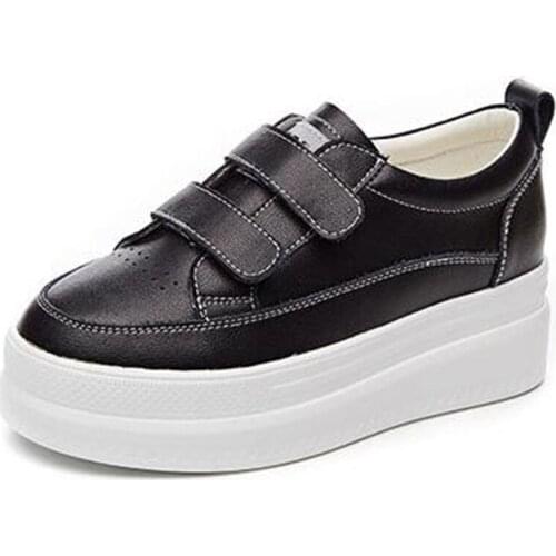 New Autumn Top Cowhide Leather Shoes Platform Heighten Shoes Woman Light Wedges Casual Sneakers Black White Warm Winter Shoes