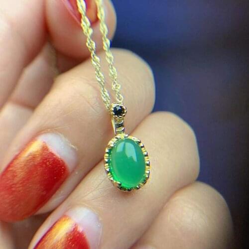Natural Green Yellow Chalcedony Necklace Pendant 925 Silver Inlaid Color Jewelry Accessories Retro Simple