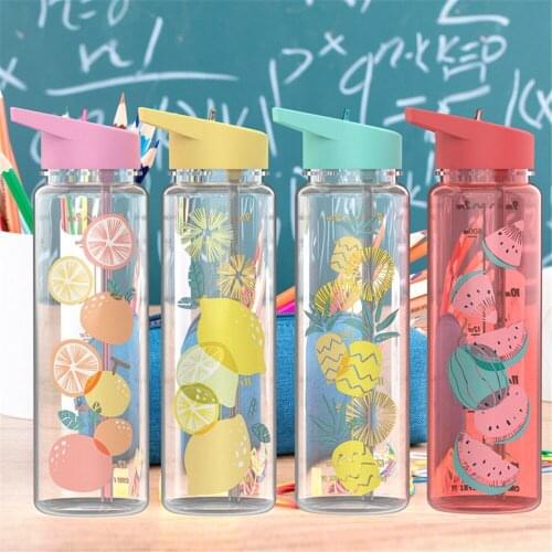 750ml Water Bottle With Straw Creativity Plastic Water Bottle Fruit Pattern Sports Outdoor Cup With Capacity Scale Handle Kettle