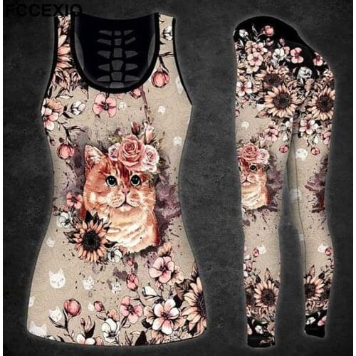 FCCEXIO Cat 3D Print Fitness Sportwear Yoga Clothes Gym Workout Tank Top Sports 2PCS Set Pants Women Seamless Leggings Outfit