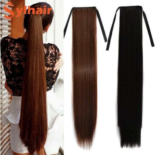 Sylhair Super Long Straight Clip In Ponytail Hair Extensions Synthetic Wrap Around Ponytail Hairpiece Clip In Hair Tail False Ha