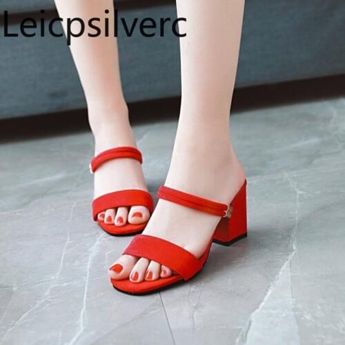 Womens Sandals summer new style fashion Flock Solid Narrow Band Open toe Thick heel mid heel Womens shoes plus size 32-43