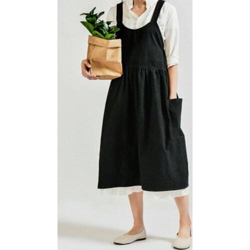 Women Lady Vintage Linen Cross Cotton Linen Japanese Style Sleeveless Pinafore Home Coffee Cooking Florist Aprons Casual Dress