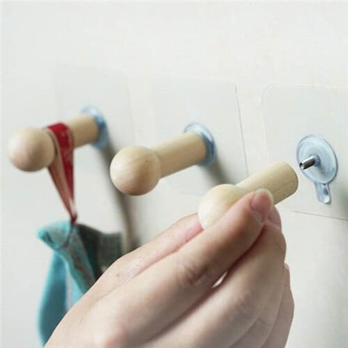 1PC Self Adhesive Clothes Hooks No Drills Wooden Wall Mounted Storage Hook for Coat Scarf and Key