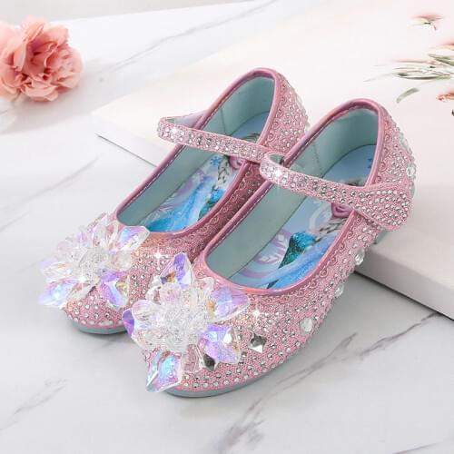 Disney Frozen Elsa Princess Girls Leather Crystal Shoes Glitter Casual Flat Heels Girls Sandals Pink Blue Silver Elsa Shoes