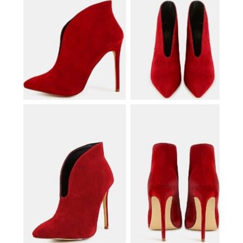 Designer Woman Autumn Winter Boots Red Black Suede Pointy High Heels Pumps Shallow Ankle Boots beige Elegant Lady Shoes Woman