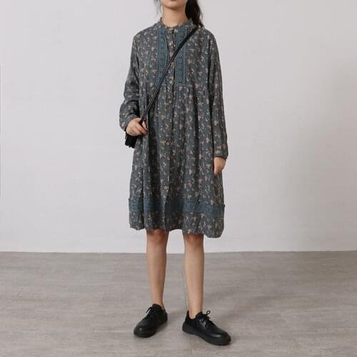 Lamtrip Lace Flowers Print Double Layers Cotton Yarn Rustic Long Sleeve Dress