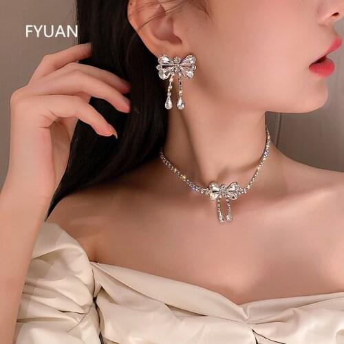 FYUAN Cute Bowknot Crystal Necklace Earrings For Women Weddings Banquet Exquisite Tassel Geometric Jewelry Sets
