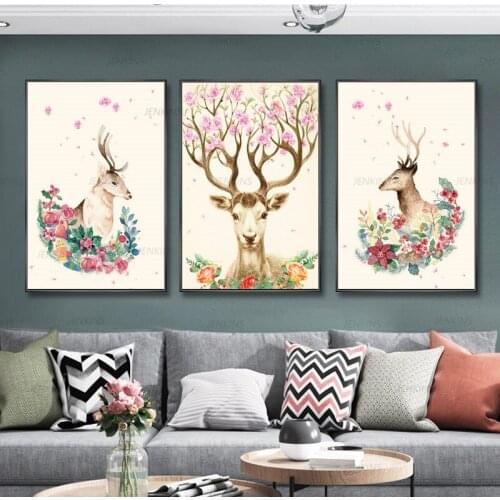 Canvas Painting Drawn Cute Deer Fresh Hand Wall Art Elk Pink Flower Animal Poster and Prints Wall Pictures for Living Room Decor