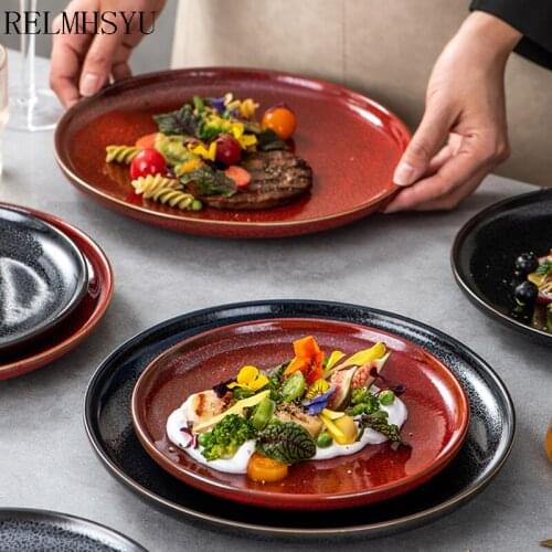 1PC RELMHSYU Japanese Style Ceramic Retro Round Steak Western Food Dinner Plate Dish Personality Kiln Home Tableware