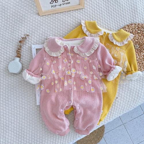 Baby Girls Winter Long Sleeve Romper Plus Velvet Newborn Thick Warm Flowral Lace Overall Infant Girl Clothing