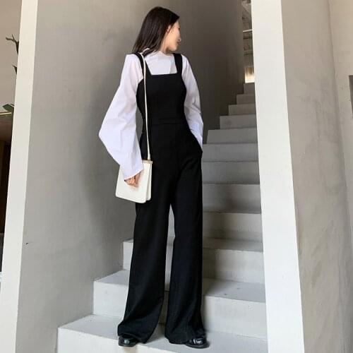 2020 Summer Women Long Jumpsuits Casual Black Strap Strappy Pockets Wide Leg Jumpsuit Overalls Female
