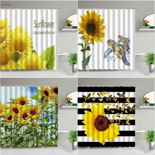 Yellow Sunflower Flower Shower Curtains Set Floral Plant Butterfly Bathroom Decoration Bathtub Screen Polyester Fabric With Hook