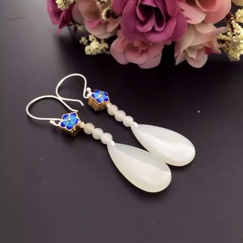 Natural and nephrite white yu earrings yu full of sweet with Hetian yu beads + burning blue accessories2168