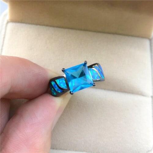 Charming Blue Opal Engagement Ring Luxury Female Purple Square Crystal Ring Charm 14KT Black Gold Color Wedding Rings For Women